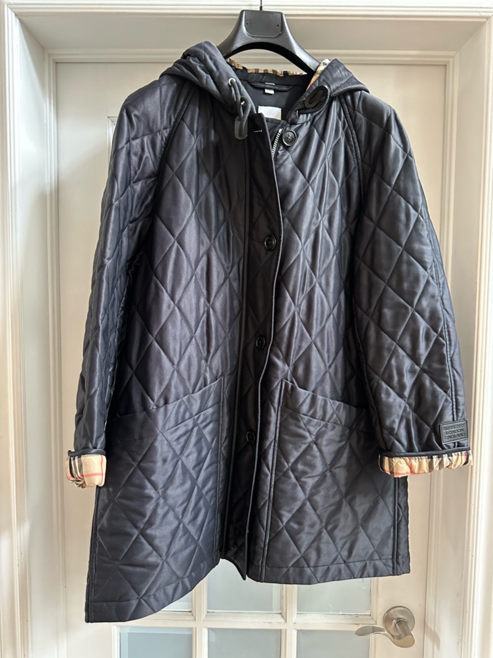 Burberry Black Quilted Hooded Coat with Check Trim